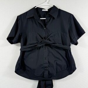 Tome NYC Twist Front Shirt Womens 2 Black Short Sleeve Poplin Minimalist Modern